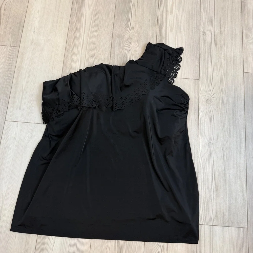 Swim by Cacique One Shoulder Ruffle Eyelet Tankini Top Black 34 1127342